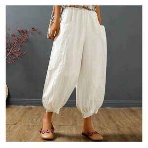 Utoimkio Women's Linen Harem Pants; Cream